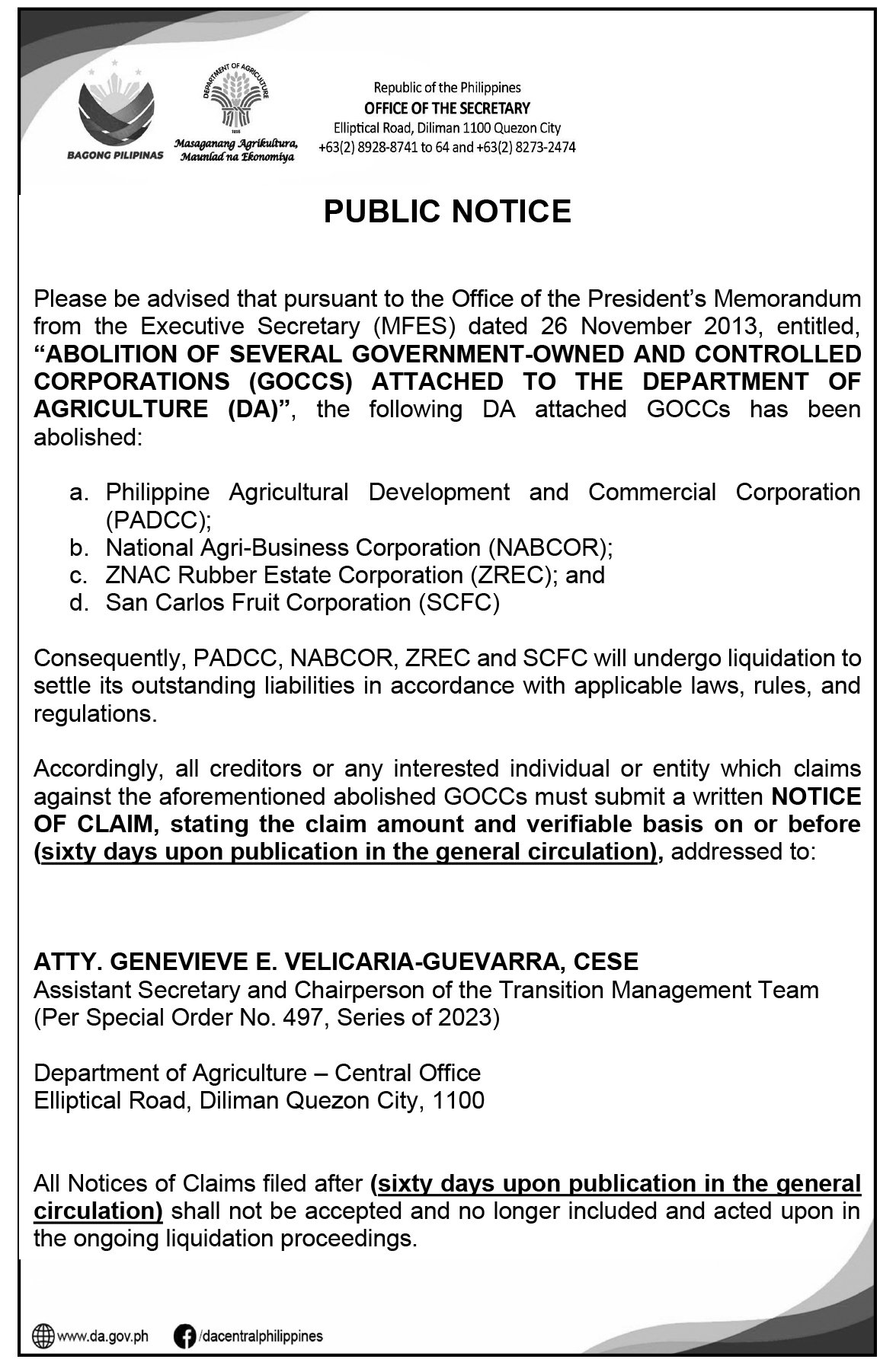 Abolition of Several Government - Owned and Controlled Corporations ( GOCCS) Attached to the Department of Agriculture (DA)
